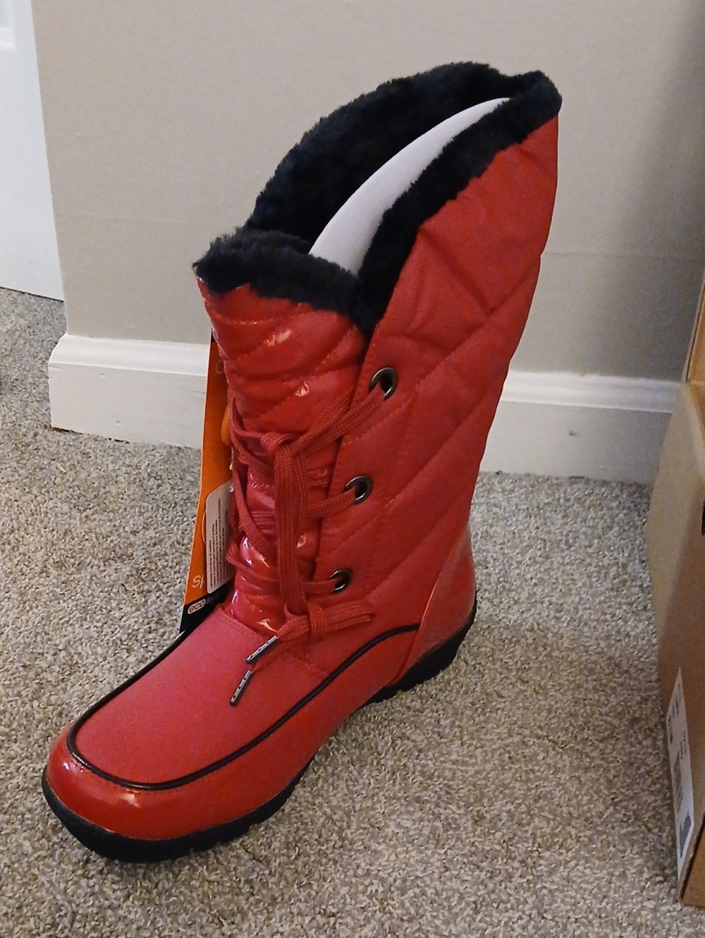 Sporto Red Quilted Lace-Up Winter Boot with Black Faux Fur Collar